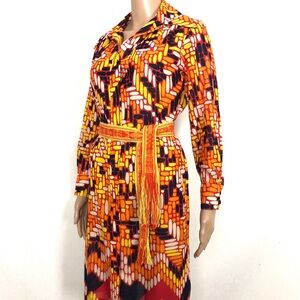 Vintage 1960's LANVIN Graphic Geometric Print Cotton Shirt Dress - size Small